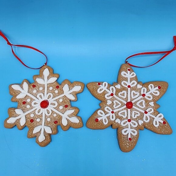 Gingerbread Snowflake Faux Frosted Cookie Ornaments Set Of 2 Fake Bake [v2 - Picture 3 of 8
